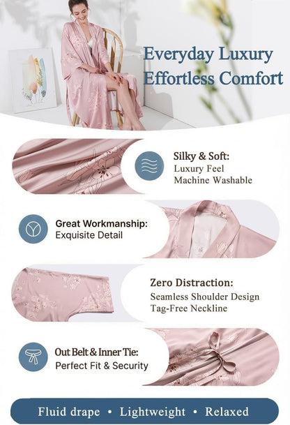Long Floral Kimono Robe for Women Silky Lightweight Satin Lounge Robe with Elegant Drape for Bridal, Spa& Lounging