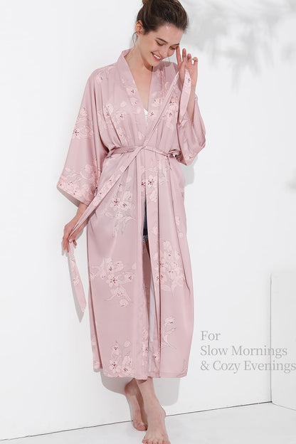 Long Floral Kimono Robe for Women Silky Lightweight Satin Lounge Robe with Elegant Drape for Bridal, Spa& Lounging