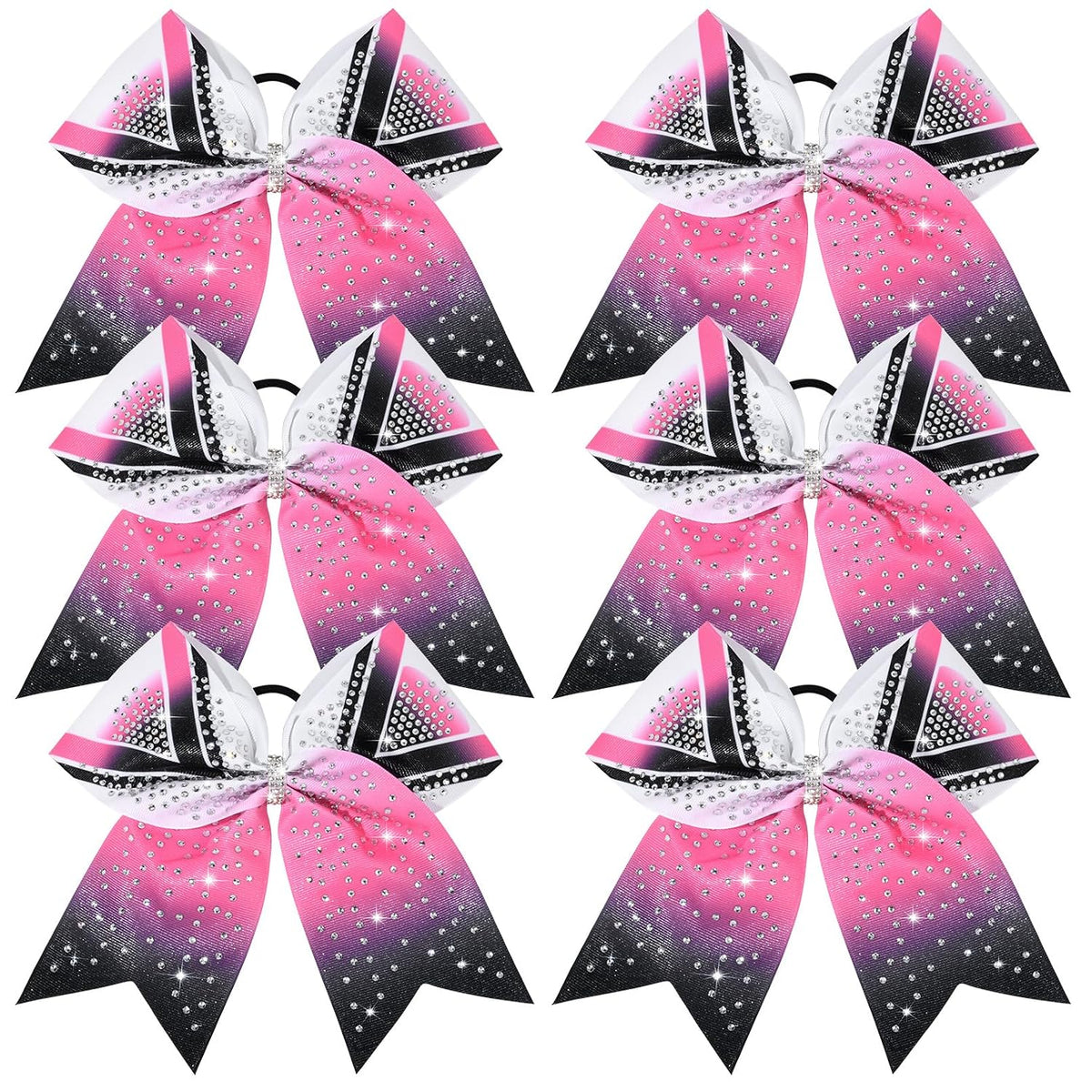 6PCS 8" Large Glitter Cheer Bows Black and Pink Gradient Color Rhinestone Shiny Cheer Hair Bows Elastic Band Ponytail Holder for Cheerleader Girls Sports -White/Pink/Black