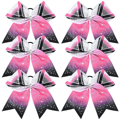 6PCS 8" Large Glitter Cheer Bows Black and Pink Gradient Color Rhinestone Shiny Cheer Hair Bows Elastic Band Ponytail Holder for Cheerleader Girls Sports -White/Pink/Black