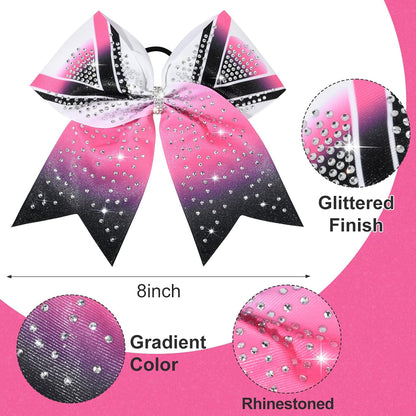 6PCS 8" Large Glitter Cheer Bows Black and Pink Gradient Color Rhinestone Shiny Cheer Hair Bows Elastic Band Ponytail Holder for Cheerleader Girls Sports -White/Pink/Black