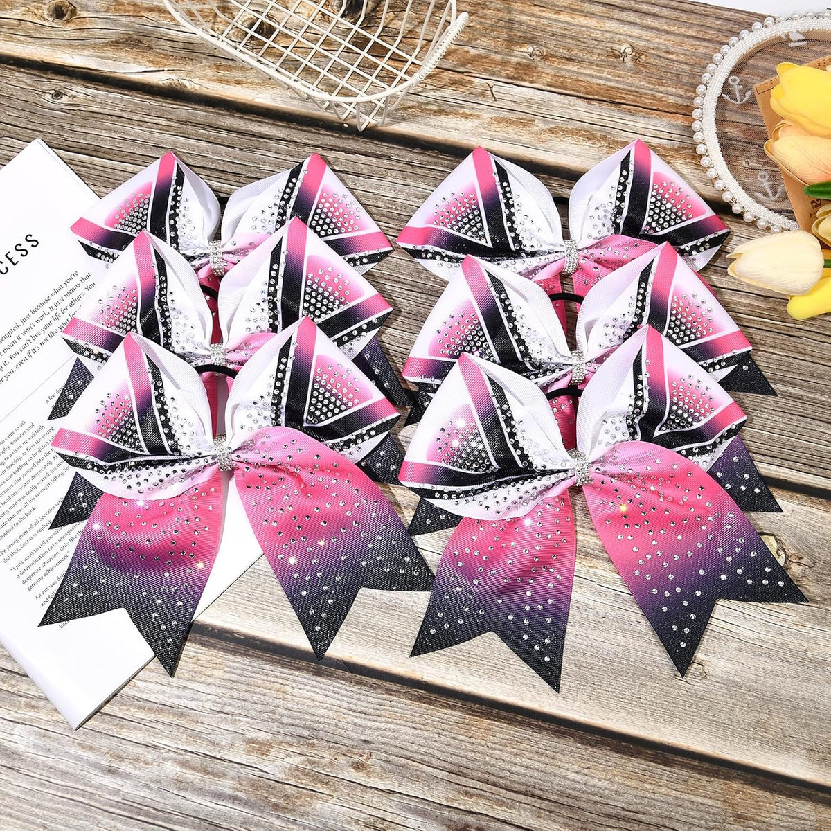 6PCS 8" Large Glitter Cheer Bows Black and Pink Gradient Color Rhinestone Shiny Cheer Hair Bows Elastic Band Ponytail Holder for Cheerleader Girls Sports -White/Pink/Black