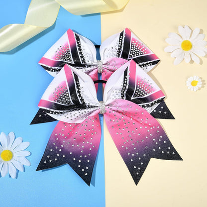 6PCS 8" Large Glitter Cheer Bows Black and Pink Gradient Color Rhinestone Shiny Cheer Hair Bows Elastic Band Ponytail Holder for Cheerleader Girls Sports -White/Pink/Black