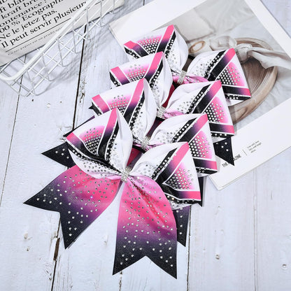 6PCS 8" Large Glitter Cheer Bows Black and Pink Gradient Color Rhinestone Shiny Cheer Hair Bows Elastic Band Ponytail Holder for Cheerleader Girls Sports -White/Pink/Black
