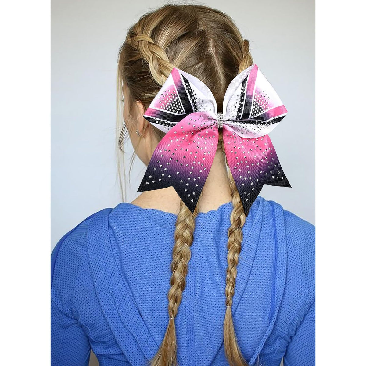 6PCS 8" Large Glitter Cheer Bows Black and Pink Gradient Color Rhinestone Shiny Cheer Hair Bows Elastic Band Ponytail Holder for Cheerleader Girls Sports -White/Pink/Black