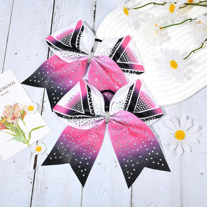 6PCS 8" Large Glitter Cheer Bows Black and Pink Gradient Color Rhinestone Shiny Cheer Hair Bows Elastic Band Ponytail Holder for Cheerleader Girls Sports -White/Pink/Black