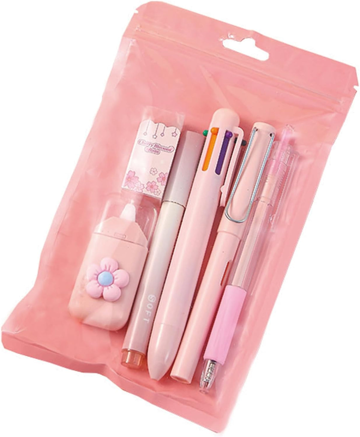 6 Pcs Cute Pink Stationery Set Kawaii School Supplies Office Supplies Women Stationery Kit Including Ballpoint Pens Pencil Highlighter Correction Tape Ruler Eraser (Pink)