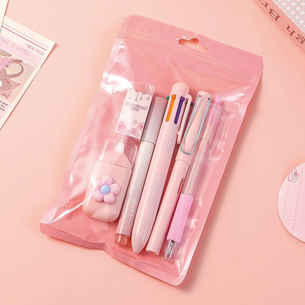 6 Pcs Cute Pink Stationery Set Kawaii School Supplies Office Supplies Women Stationery Kit Including Ballpoint Pens Pencil Highlighter Correction Tape Ruler Eraser (Pink)