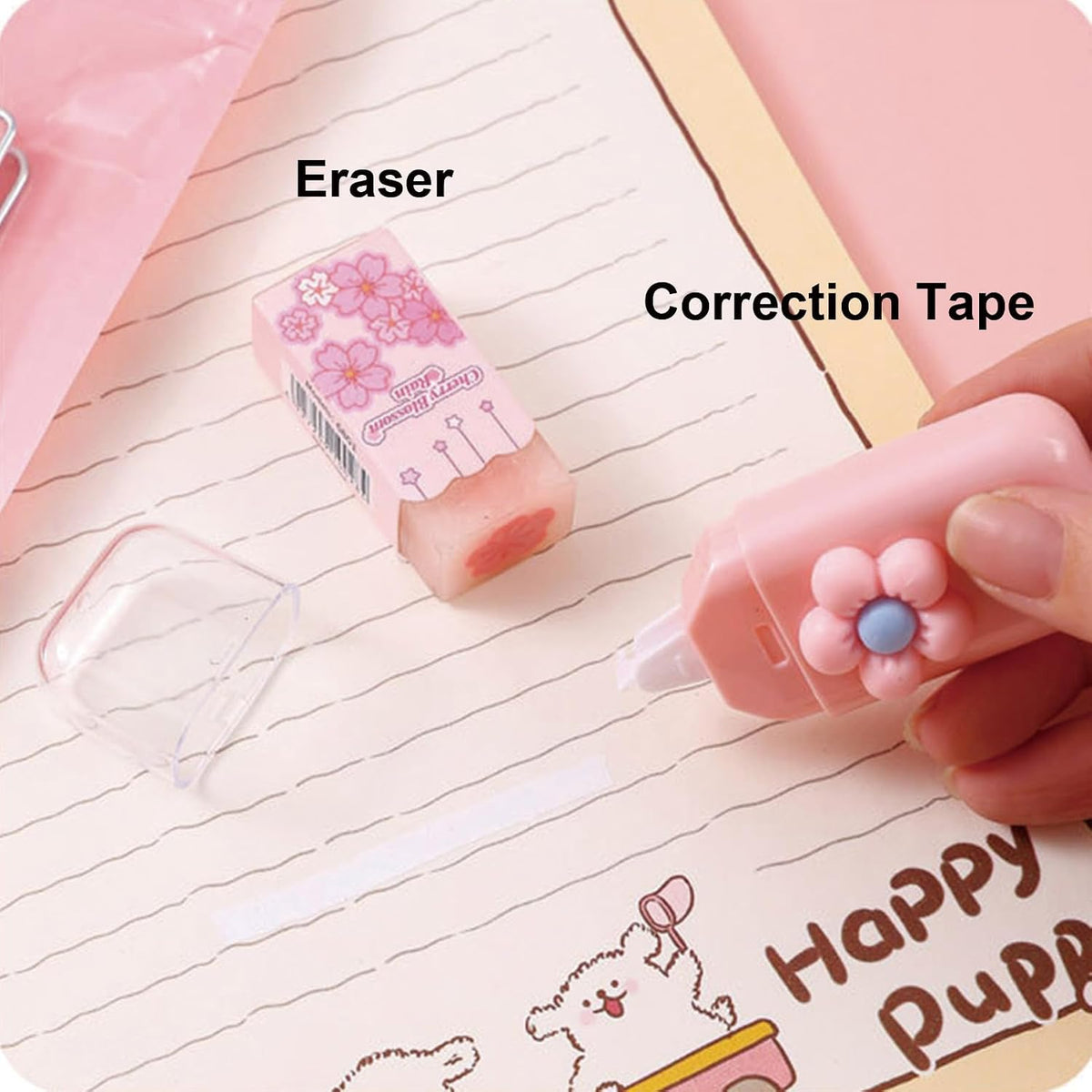 6 Pcs Cute Pink Stationery Set Kawaii School Supplies Office Supplies Women Stationery Kit Including Ballpoint Pens Pencil Highlighter Correction Tape Ruler Eraser (Pink)