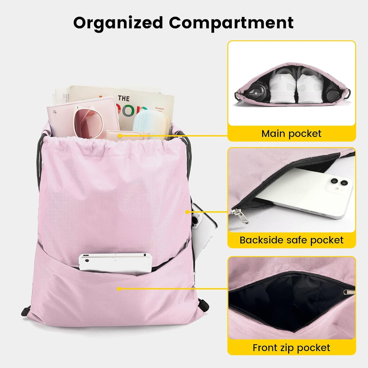 Drawstring Backpack with Side Pocket for Men Women