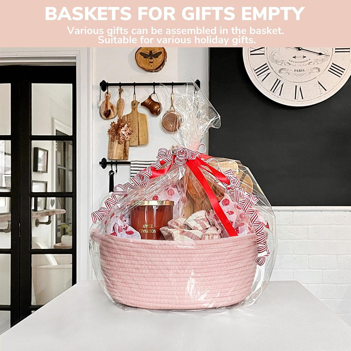 Small Woven Rope Gift Basket Empty, 12"x 8"x 5", Pink