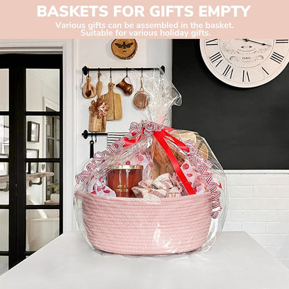 Small Woven Rope Gift Basket Empty, 12"x 8"x 5", Pink