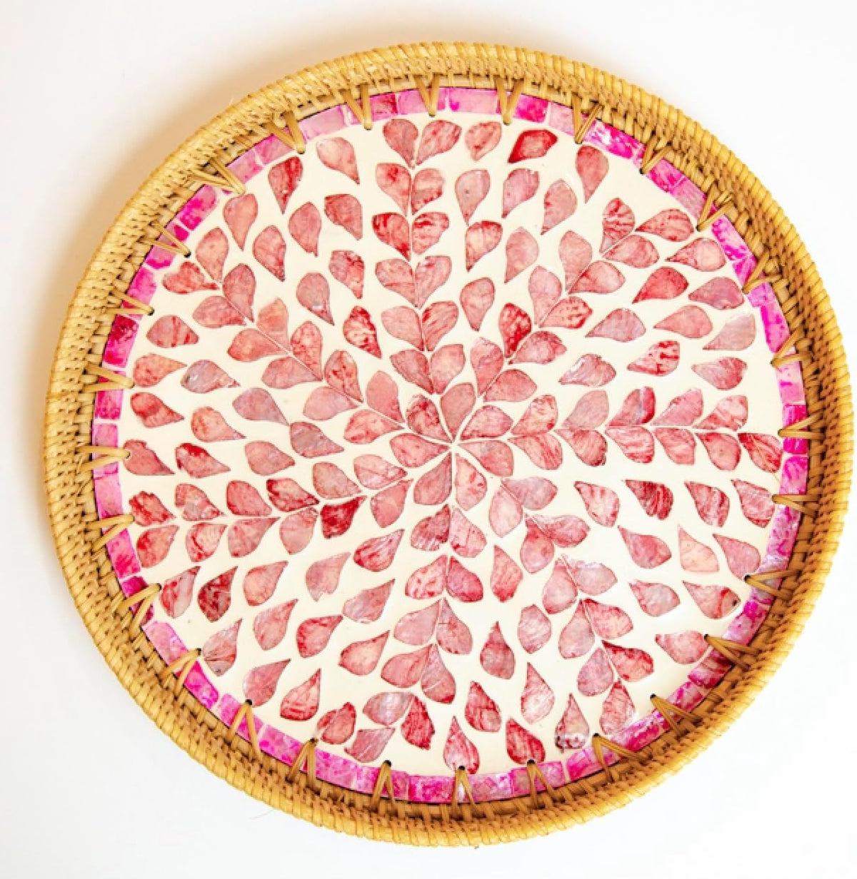 Round Rattan Serving Tray with Mother of Pearl Inlay, Wicker Coffee Table Decor, Farmhouse Style (Pink Flower)