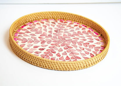 Round Rattan Serving Tray with Mother of Pearl Inlay, Wicker Coffee Table Decor, Farmhouse Style (Pink Flower)