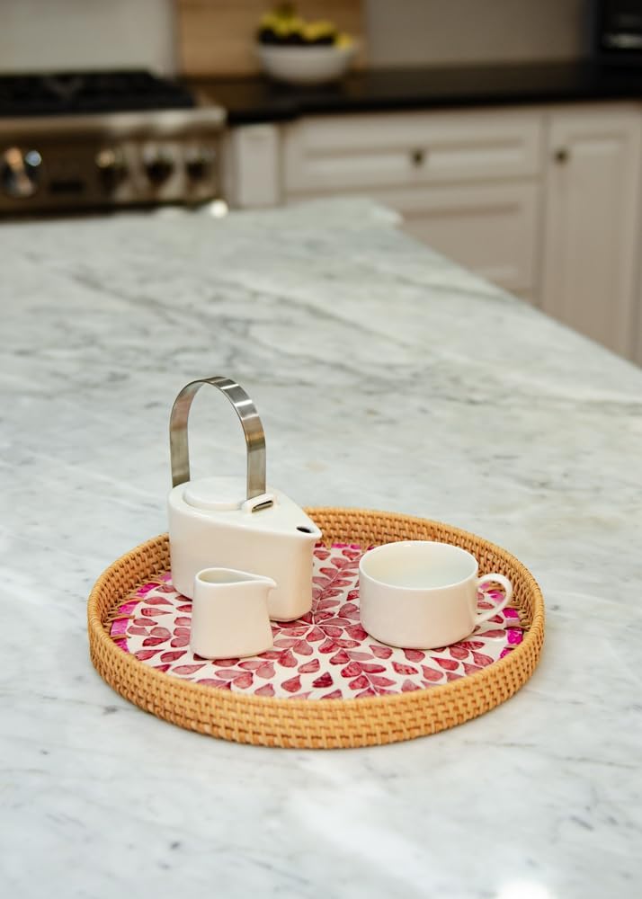 Round Rattan Serving Tray with Mother of Pearl Inlay, Wicker Coffee Table Decor, Farmhouse Style (Pink Flower)