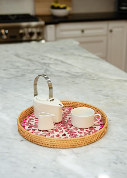 Round Rattan Serving Tray with Mother of Pearl Inlay, Wicker Coffee Table Decor, Farmhouse Style (Pink Flower)