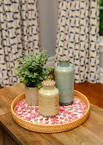 Round Rattan Serving Tray with Mother of Pearl Inlay, Wicker Coffee Table Decor, Farmhouse Style (Pink Flower)