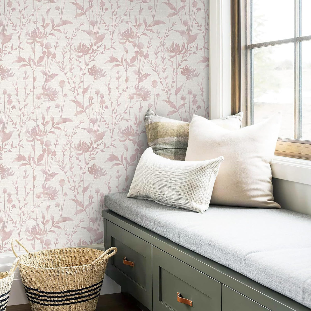 Peel and Stick Wallpaper Pink Floral Leaf Wallpaper 16.1" X 118" Self Adhesive Removable Wallpaper Waterproof Contact Paper for Living Room Bedroom Bathroom Decor Vinyl Rolls
