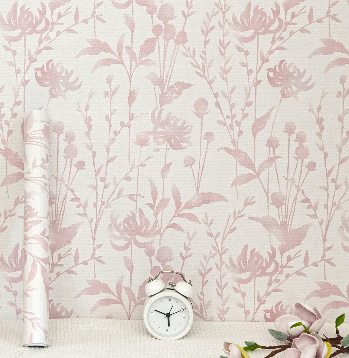 Peel and Stick Wallpaper Pink Floral Leaf Wallpaper 16.1" X 118" Self Adhesive Removable Wallpaper Waterproof Contact Paper for Living Room Bedroom Bathroom Decor Vinyl Rolls