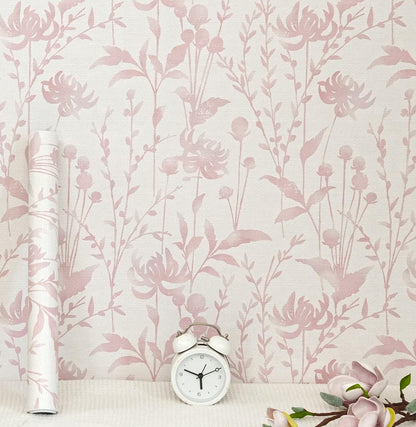 Peel and Stick Wallpaper Pink Floral Leaf Wallpaper 16.1" X 118" Self Adhesive Removable Wallpaper Waterproof Contact Paper for Living Room Bedroom Bathroom Decor Vinyl Rolls