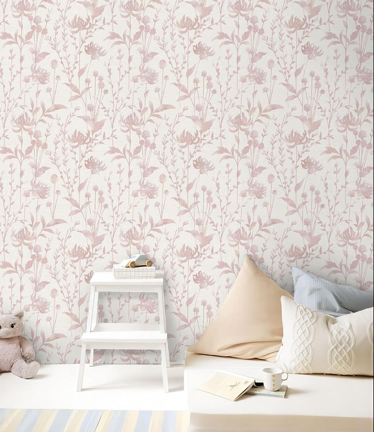 Peel and Stick Wallpaper Pink Floral Leaf Wallpaper 16.1" X 118" Self Adhesive Removable Wallpaper Waterproof Contact Paper for Living Room Bedroom Bathroom Decor Vinyl Rolls