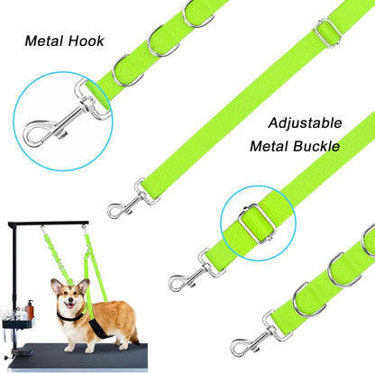 ASOCEA Dog Grooming Belly Strap Dogs Grooming Table Arm Extender Loop with D-Rings Adjustable Bathing Restraint Leash No Sit Haunch Holder for Small & Medium Dog Cat Hair Cutting Washing (Green)