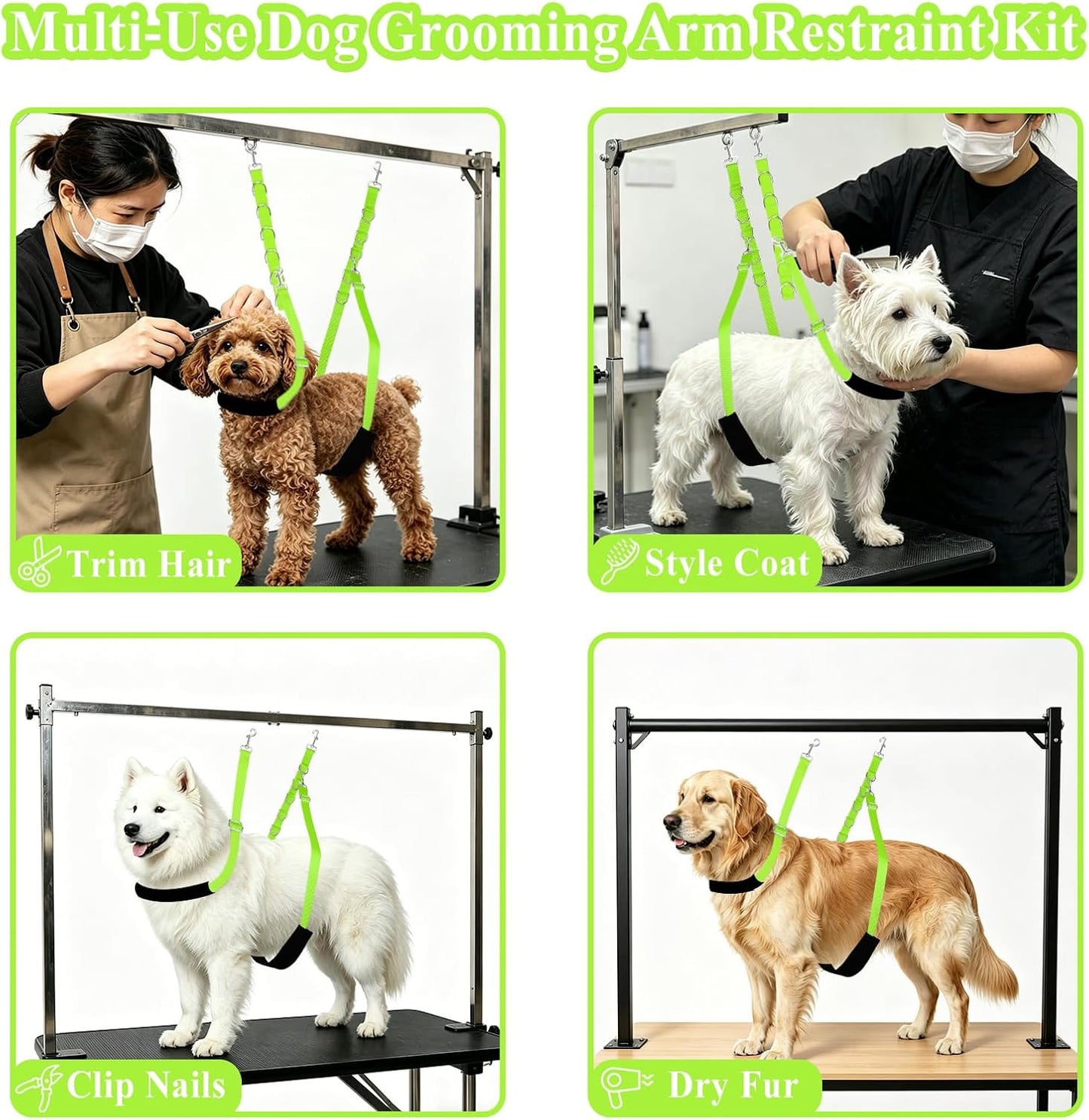 ASOCEA Dog Grooming Belly Strap Dogs Grooming Table Arm Extender Loop with D-Rings Adjustable Bathing Restraint Leash No Sit Haunch Holder for Small & Medium Dog Cat Hair Cutting Washing (Green)