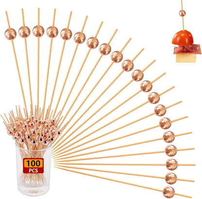 100 Pcs Cocktail Picks, 4.7 Inch Ball Toothpicks for Appetizers, Cocktail Skewers for Drinks, Fruits, Wooden Long Toothpicks Charcuterie Sticks, Party Decorations Supplies (Rose Gold)