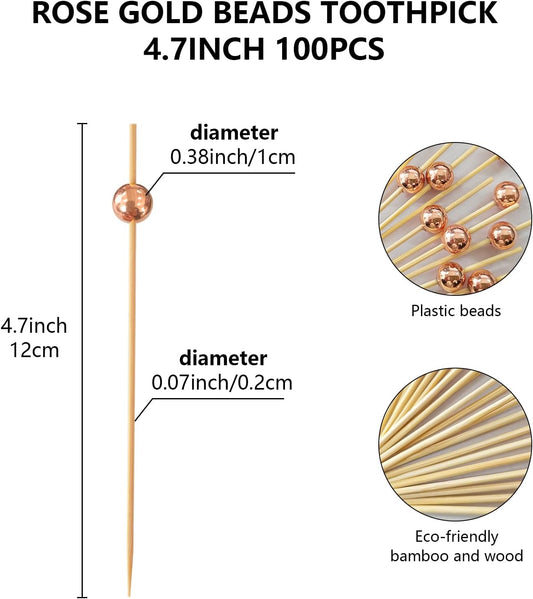 100 Pcs Cocktail Picks, 4.7 Inch Ball Toothpicks for Appetizers, Cocktail Skewers for Drinks, Fruits, Wooden Long Toothpicks Charcuterie Sticks, Party Decorations Supplies (Rose Gold)
