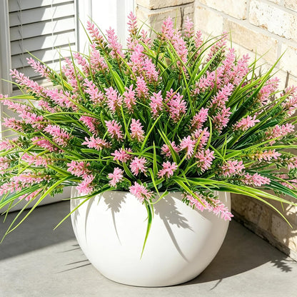 12Pcs Artificial Fake Flowers Monkey Grass for Outdoors, UV Resistant Realistic No Fade Faux Greenery Plants with Pink Flowers for Planter Home Garden Porch Patio Window Box