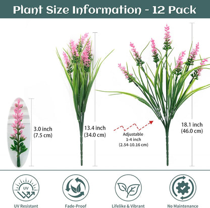 12Pcs Artificial Fake Flowers Monkey Grass for Outdoors, UV Resistant Realistic No Fade Faux Greenery Plants with Pink Flowers for Planter Home Garden Porch Patio Window Box