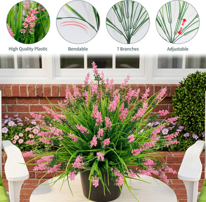 12Pcs Artificial Fake Flowers Monkey Grass for Outdoors, UV Resistant Realistic No Fade Faux Greenery Plants with Pink Flowers for Planter Home Garden Porch Patio Window Box