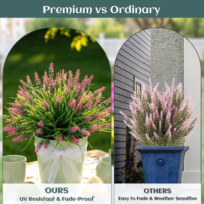 12Pcs Artificial Fake Flowers Monkey Grass for Outdoors, UV Resistant Realistic No Fade Faux Greenery Plants with Pink Flowers for Planter Home Garden Porch Patio Window Box