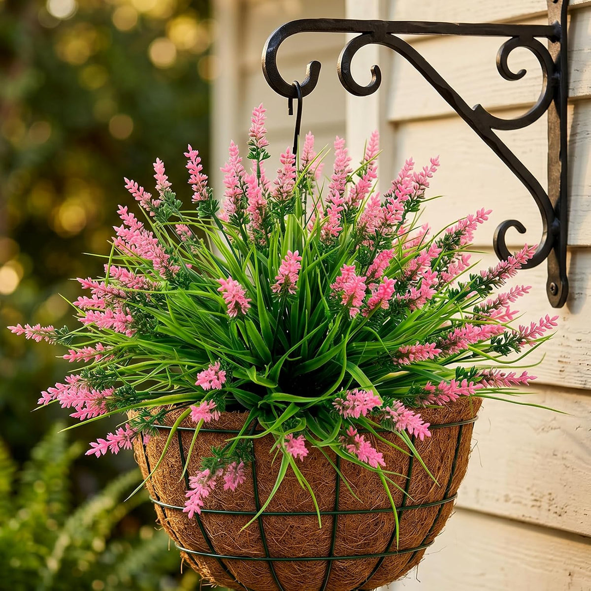 12Pcs Artificial Fake Flowers Monkey Grass for Outdoors, UV Resistant Realistic No Fade Faux Greenery Plants with Pink Flowers for Planter Home Garden Porch Patio Window Box