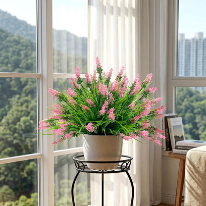 12Pcs Artificial Fake Flowers Monkey Grass for Outdoors, UV Resistant Realistic No Fade Faux Greenery Plants with Pink Flowers for Planter Home Garden Porch Patio Window Box