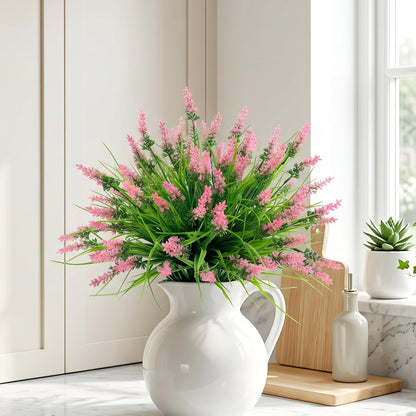 12Pcs Artificial Fake Flowers Monkey Grass for Outdoors, UV Resistant Realistic No Fade Faux Greenery Plants with Pink Flowers for Planter Home Garden Porch Patio Window Box