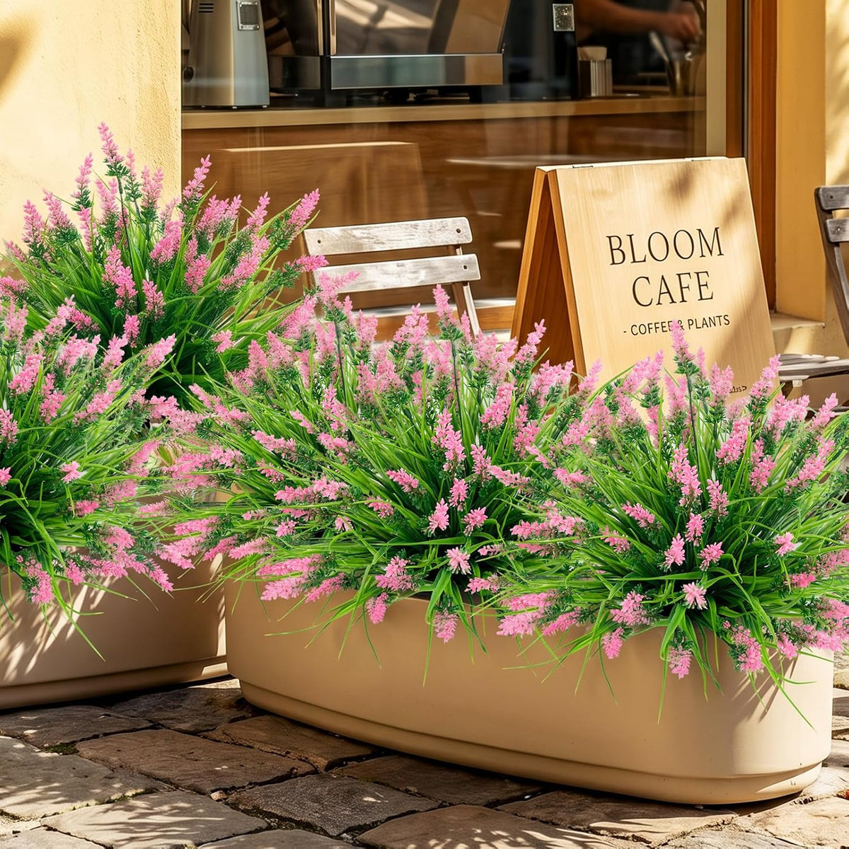12Pcs Artificial Fake Flowers Monkey Grass for Outdoors, UV Resistant Realistic No Fade Faux Greenery Plants with Pink Flowers for Planter Home Garden Porch Patio Window Box