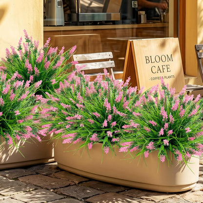 12Pcs Artificial Fake Flowers Monkey Grass for Outdoors, UV Resistant Realistic No Fade Faux Greenery Plants with Pink Flowers for Planter Home Garden Porch Patio Window Box