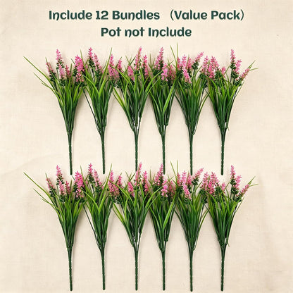 12Pcs Artificial Fake Flowers Monkey Grass for Outdoors, UV Resistant Realistic No Fade Faux Greenery Plants with Pink Flowers for Planter Home Garden Porch Patio Window Box