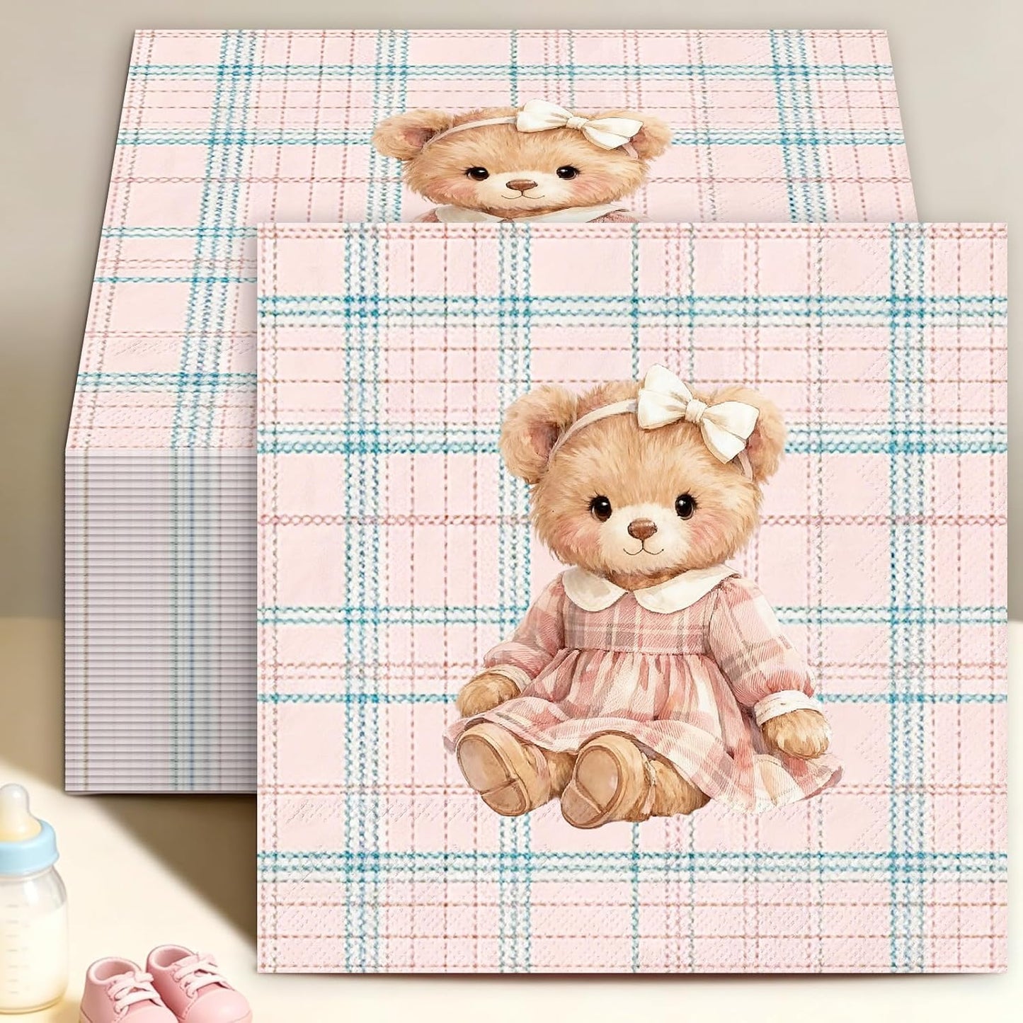 Whaline 50Pcs Bear Cocktail Napkins Pink Green Plaid Bow Bear Paper Napkins Preppy Polo Girl Baby Shower Napkin for Baby Celebration Gender Reveal Birthday Party Supplies