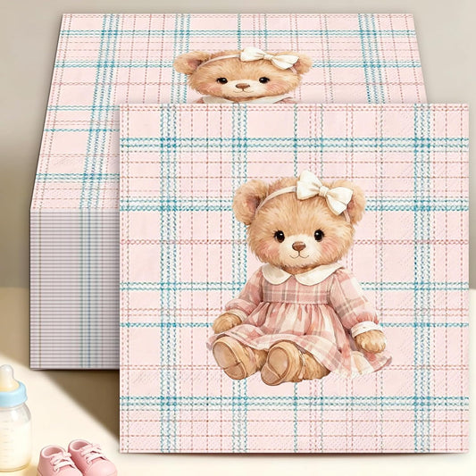 Whaline 50Pcs Bear Cocktail Napkins Pink Green Plaid Bow Bear Paper Napkins Preppy Polo Girl Baby Shower Napkin for Baby Celebration Gender Reveal Birthday Party Supplies