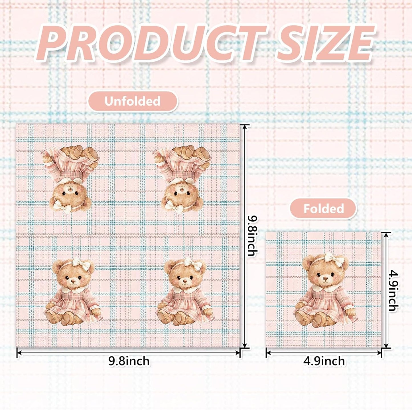 Whaline 50Pcs Bear Cocktail Napkins Pink Green Plaid Bow Bear Paper Napkins Preppy Polo Girl Baby Shower Napkin for Baby Celebration Gender Reveal Birthday Party Supplies