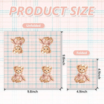 Whaline 50Pcs Bear Cocktail Napkins Pink Green Plaid Bow Bear Paper Napkins Preppy Polo Girl Baby Shower Napkin for Baby Celebration Gender Reveal Birthday Party Supplies