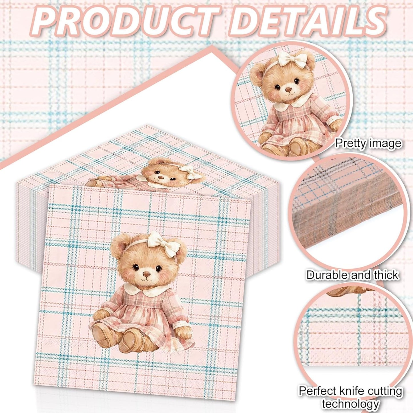 Whaline 50Pcs Bear Cocktail Napkins Pink Green Plaid Bow Bear Paper Napkins Preppy Polo Girl Baby Shower Napkin for Baby Celebration Gender Reveal Birthday Party Supplies