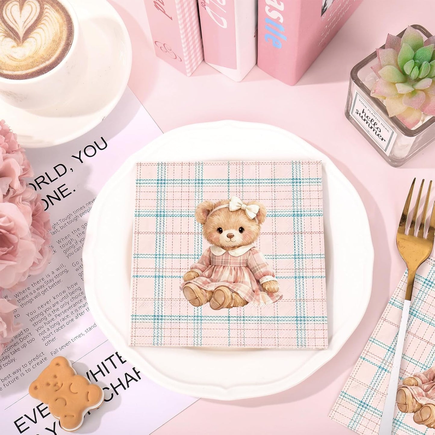Whaline 50Pcs Bear Cocktail Napkins Pink Green Plaid Bow Bear Paper Napkins Preppy Polo Girl Baby Shower Napkin for Baby Celebration Gender Reveal Birthday Party Supplies