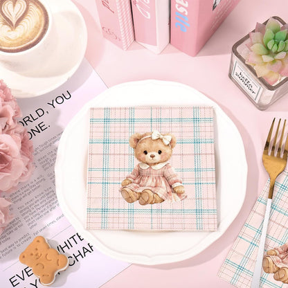 Whaline 50Pcs Bear Cocktail Napkins Pink Green Plaid Bow Bear Paper Napkins Preppy Polo Girl Baby Shower Napkin for Baby Celebration Gender Reveal Birthday Party Supplies