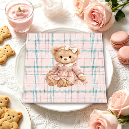 Whaline 50Pcs Bear Cocktail Napkins Pink Green Plaid Bow Bear Paper Napkins Preppy Polo Girl Baby Shower Napkin for Baby Celebration Gender Reveal Birthday Party Supplies