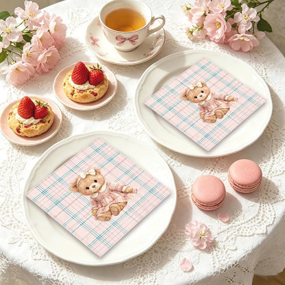 Whaline 50Pcs Bear Cocktail Napkins Pink Green Plaid Bow Bear Paper Napkins Preppy Polo Girl Baby Shower Napkin for Baby Celebration Gender Reveal Birthday Party Supplies