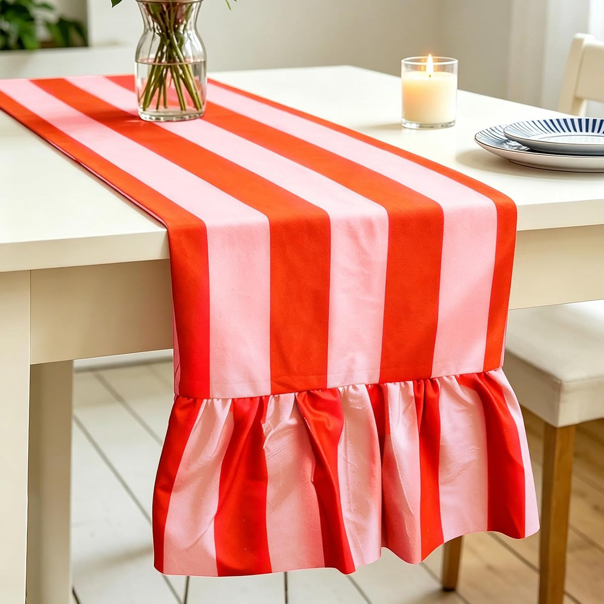 Ruffle Table Runner Striped, Orange Pink, 13 x 72 Inch