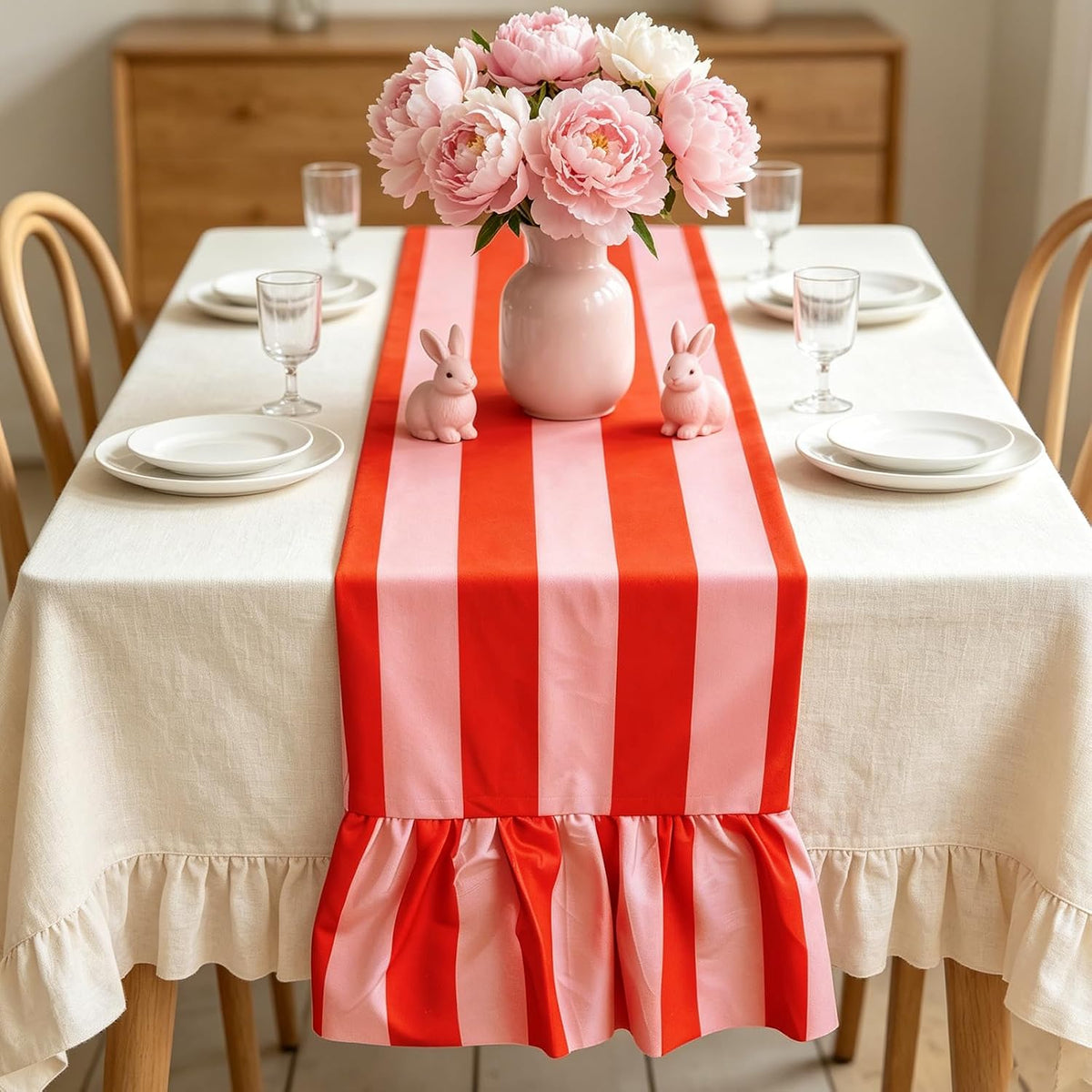 Ruffle Table Runner Striped, Orange Pink, 13 x 72 Inch
